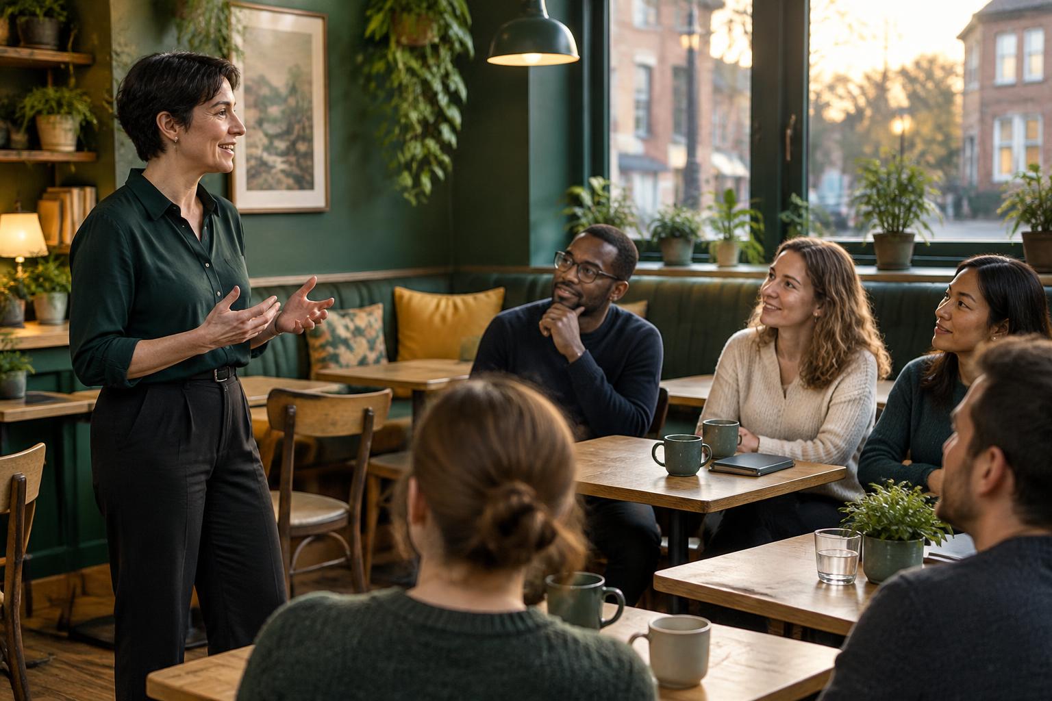 Illustrative confident facilitator engaging a small seated adult audience in a tasteful café