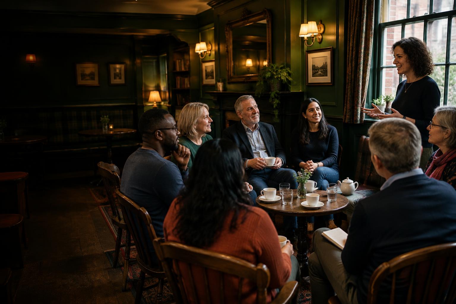 Illustrative British pub discussion with diverse adults listening to a facilitator in warm evening light